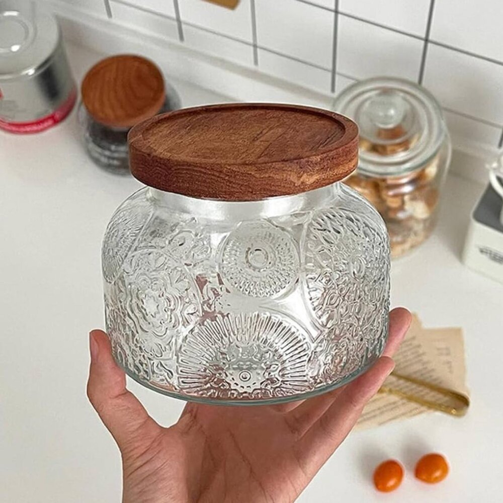 4 Decorative Glass Jar for Home Kitchen, Holds Coffee, Candy, Cookie, Sugar (Lar